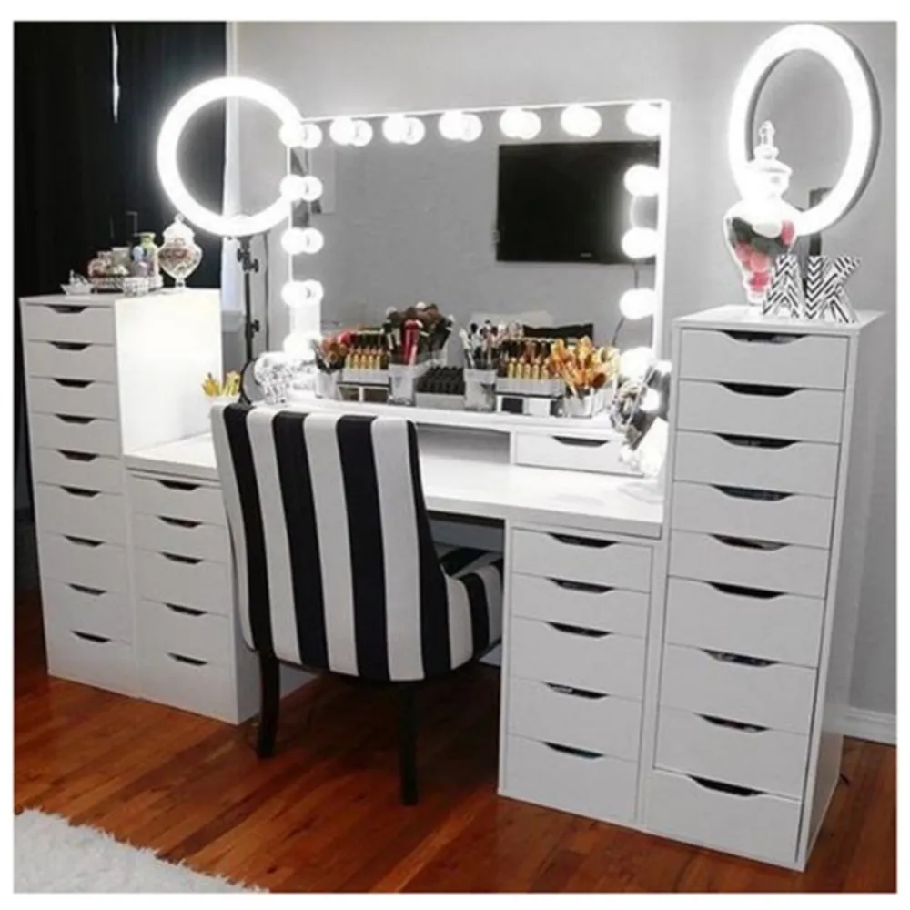 Hollywood Style Desk Mirrored Dresser Bedroom Mirror Makeup Table Modern Wooden Dressing Table White Vanity Table With Led Light