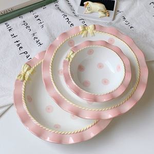 Cute Bow Ceramic <b>Dessert</b> Plate Eco-Friendly Disposable Hand-painted Korean Instagram 5inch/8inch Round Fruit Plate - Product Image 4