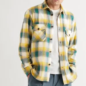 Baju Kerja Formal Pria Dua Saku 100% Katun, Pakaian Jalanan Lengan Panjang, Kemeja Vintage Flanel Utilitas Kuning dan Hijau dengan Saku