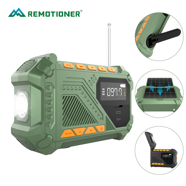 Solar & Hand Crank Emergency Radio with Power Bank LED Flashlight SOS Alarm AM/FM/WB Radio USB-C Fast Charge