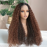 Perruque Synthétique de Luxe X-TRESS Bouclée Crépue, Modèle T-Part en Dentelle Ombrée Sans Colle, Résistante à la Chaleur, pour Femmes Noires