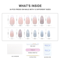 Professionnel 24 pièces rose acrylique pointe française presse sur les ongles en gros avec diamant amande Faux Ongles faux ongles