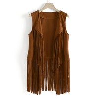 Veste ethnique sans manches en Faux daim pour femmes, longue frange glands Cardigan Vintage cowboy gilet gilet