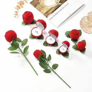 발렌타인 데이 선물 5 cm 빨간 장미 모양의 벨벳 보석 결혼 반지 상자 줄기