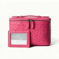 Trousse de toilette en cuir d'autruche LZ avec miroir, sac à maquillage de luxe unique, organiseur de cosmétiques, rangement de voyage rose