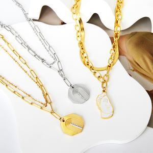 Pendentif visage en diamant plaqué or 18 carats, bijoux en acier inoxydable personnalisés, collier double couche pour femmes - Product Image 1