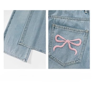 Jeans droits décontractés pour femmes, taille haute, ample, avec poche fine, rose, broderie, nœud, bouton - Product Image 5