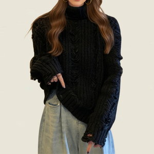 <span class=keywords><strong>Pull</strong></span> décontracté en polyester tricoté torsadé avec dentelle, col roulé <span class=keywords><strong>oversize</strong></span>, manches longues, respirant et anti-plis, style automne européen et américain - Product Image 5