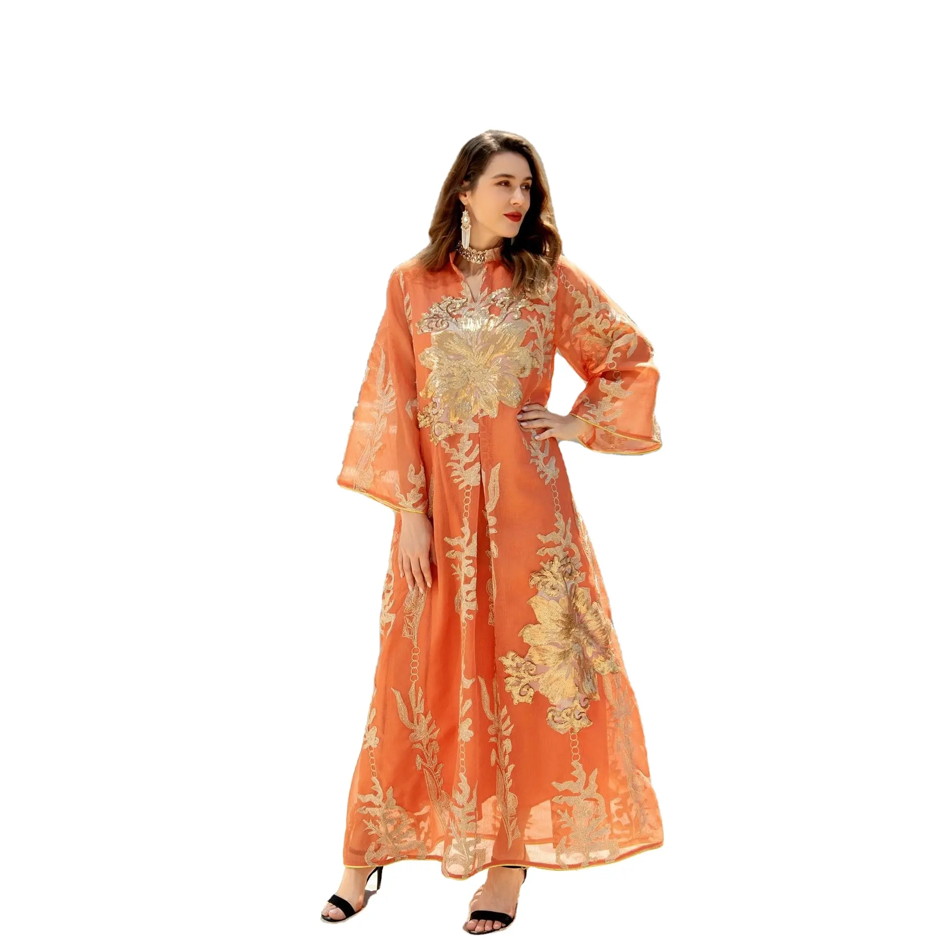 DLR317 Элегантный женский халат с длинным рукавом, V-образным вырезом, однотонный халат макси с вышивкой, скромная Исламская одежда, кимоно для Ближнего Востока