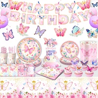 Nouvelles décorations de table pour fête d'anniversaire sur le thème du printemps et des papillons : assiettes en carton, serviettes et nappes