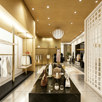 Présentoirs minimalistes écologiques en bois toné pour magasins de vêtements avec éclairage LED, comptoirs modernes de style îlot