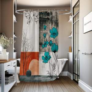 Abstract Flower Shower <b>Curtain</b> Custom Stock Bath Decor Blue Gray <b>White</b> Floral Modern Rustic Farmhouse Design Made EVA Material - Product Image 2
