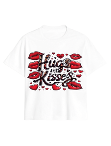 Camiseta con estampado de labios Hugs And Kisses para mujer, manga corta, cuello redondo, informal, 100% algodón, idea de regalo para el día de San Valentín - Product Image 1