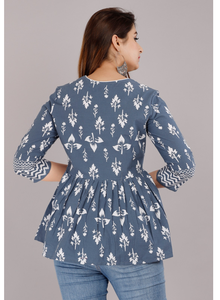 Haut plissé imprimé en coton gris pour femmes et filles, col en V, manches trois-quarts, haut décontracté et élégant - Product Image 2