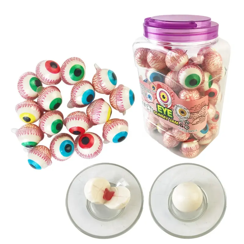 Hot selling halal sweet soft chewy gummy candy fruit eyeball candy Jelly jam filled halloween candies