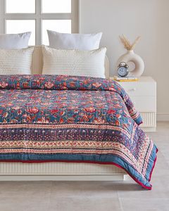 Indian Hand Block Print Stone Blue Cotton <b>Quilt</b> Floral Bedspread Queen Size Comforter Summer Blanket - Product Image 2