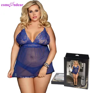 Luxe Verpakking Nachtkledij Vrouwen Sexy Erotische Plus Size Blauw Babydoll Kanten Jurk Set Transparante Lingerie Voor Dikke Vrouwen