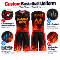 Maillot de basket-ball personnalisé en maille d'été avec impression sublimée, noir et rouge flamme, uniforme de basket-ball, t-shirt d'entraînement pour hommes