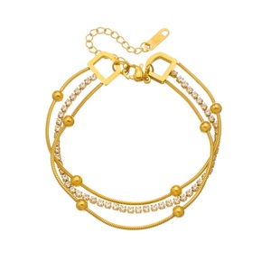 Stylish Multi Layer <b>Gold</b> Plated Snake Chain <b>Bracelet</b> With Crystal <b>Beads</b> Geometric Design Party Jewelry B2049 - Product Image 5