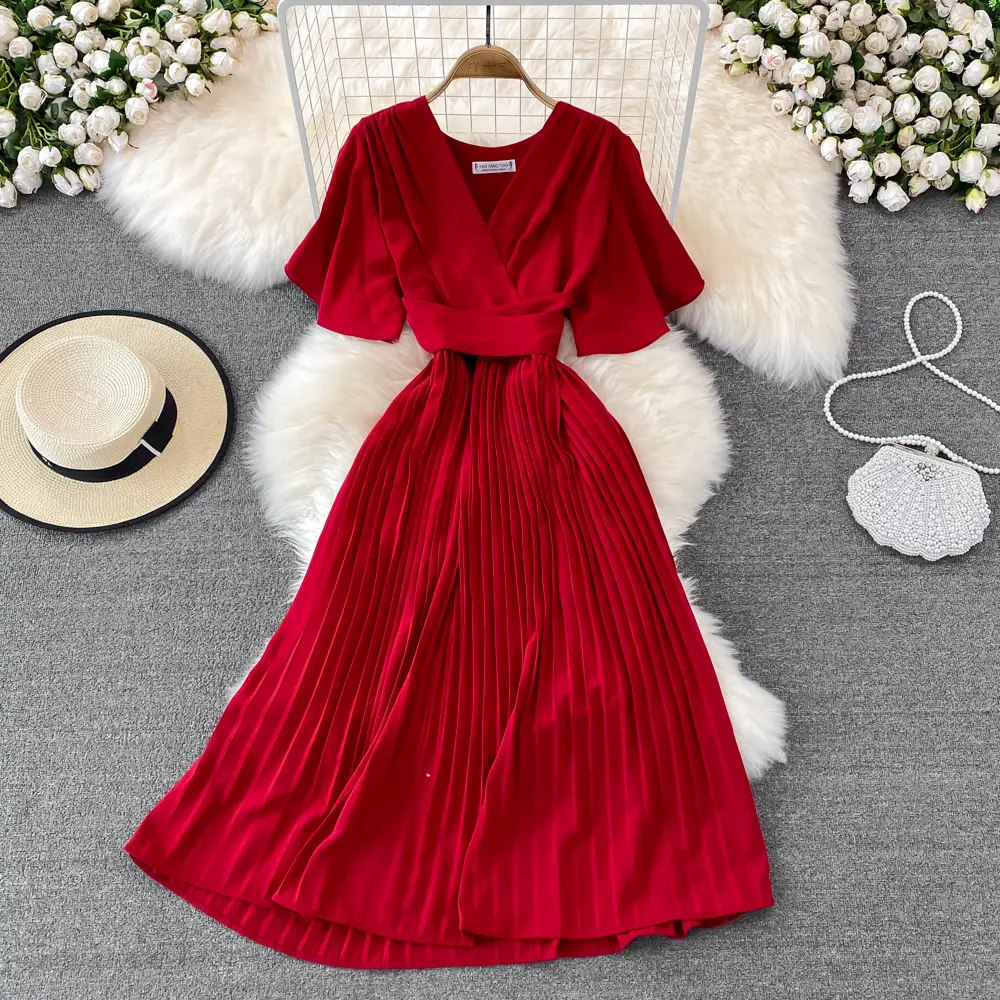 2022 summer new Fashion Korean Style V-neck short-sleeved dress over the knee waist tie big swing Solid pleated Casual dress