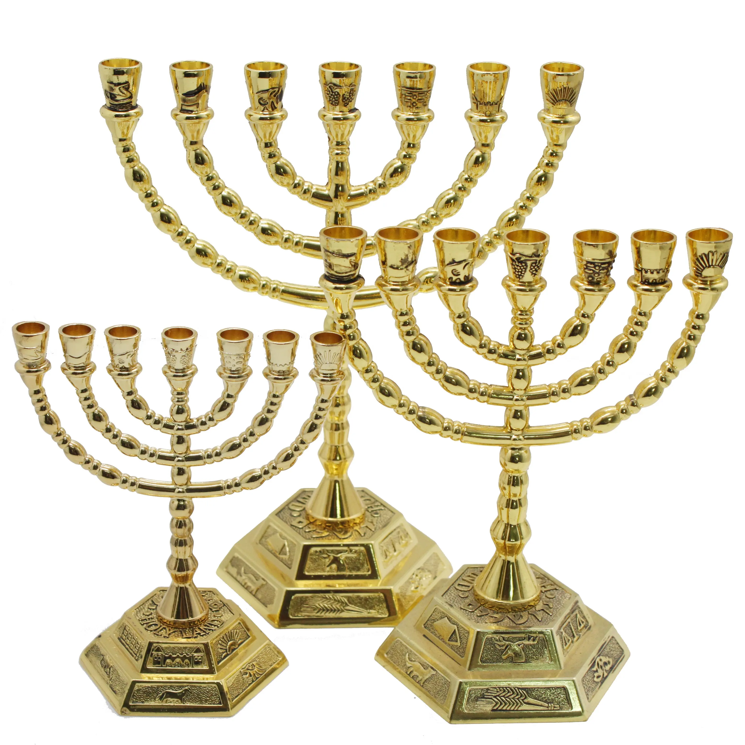 Gold Plated 12 Tribes Of Israel Emblems 7 Branch Temple Menorah