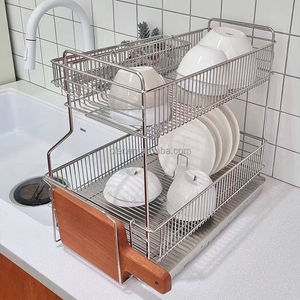 Escurridor de platos de cocina de acero inoxidable de estilo coreano con <span class=keywords><strong>bandeja</strong></span> de agua, fregadero de agua de 2 niveles, estante de secado de platos para Cocina - Product Image 2