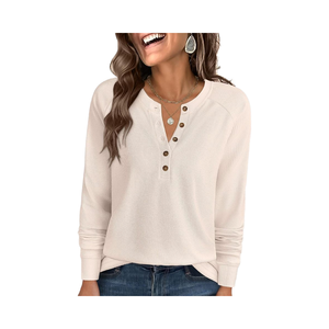 <strong>Women's</strong> 2025 Fall Simple Waffle Knit Blouse Long Sleeve V Neck <strong>Henley</strong> <strong>Tops</strong> Loose Button Dressy Casual Breathable Style Solid - Product Image 1