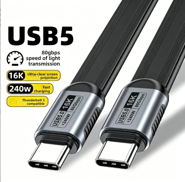 USB5 Type-C Double Head FPC Flat Wire USB Cable 543 80G High Speed 16K Screen 240W Fast Charge Customizable Length PVC 12 Months