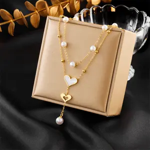 Gargantilla de doble Concha y corazón de perla personalizada, collar de acero inoxidable chapado en oro para mujer