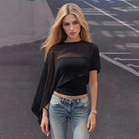 Conjunto de Top Corto y Bralette de Malla Transparente Asimétrico, Estilo Francés, Fluido, Favorecedor, Puro, Sexy, Sin Mangas, Dos Piezas