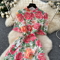 Robes décontractées pour femmes, col montant, boutonnée, manches courtes, dentelle ajourée, robe florale