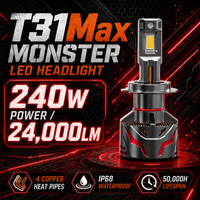 Phares de voiture LED T31Max en gros, 240W, 4 tubes en cuivre, blanc, H4 H7 H11 9012 H1 H3, étanches IP68, avec ventilateur turbo, pour voiture