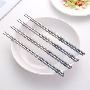 Baguettes en acier inoxydable, 4 pièces, manche en porcelaine bleue et blanche, antidérapantes, ensemble de couverts ménagers - Product Image 1