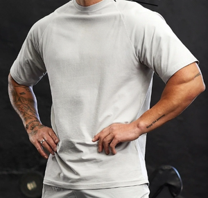 HUCAI Camiseta de entrenamiento de gimnasia personalizada para hombre 100% algodón Spandex Regular Fit cuello redondo manga corta raglán diseño en blanco ropa deportiva - Product Image 4
