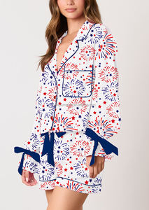 Independence Day Fourth of July <strong>Patriotic</strong> Firework Print Bow TIe Long Sleeve Shirt <strong>Shorts</strong> Two Piece Pajama Set Women - Product Image 2