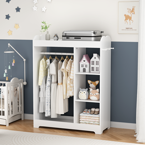 Kids Dress <strong>up</strong> Storage with Mirror&amp;Hooks, Wooden Clothes Rack, Hanging Rod, Shelves Organizer for Playroom Bedroom Nursery White - Product Image 3