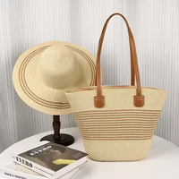 Bolso Tote de Gran Capacidad para Mujer, con Cierre de Cremallera, Conjunto de Sombrero de Paja para Playa y Viaje, Sombrero Panamá de Verano