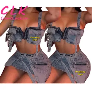 Custom Logo New Denim Women's Skirts Set Fashion Pocket Front Strap Crop Top 2 Piece Sets Lace Up Bodycon Mini Skirts Outfits