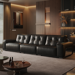 Divano Minimalista Italiano in Pelle Pieno Fiore, Configurazione Lineare Nera Audace, Linee Architettoniche Pulite, Seduta di Lusso - Product Image 1