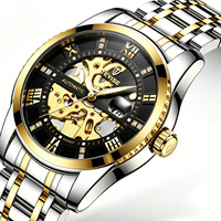 Montre-bracelet mécanique squelette de luxe pour homme, OEM d'usine, bracelet en métal noir intégral, chiffres romains, Reloj Para Hombre