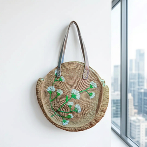 Multicolor Embroidered <b>Raffia</b> Tote <b>Bag</b> Zipper Closure Two <b>Shoulder</b> Straps Eco-Friendly 3L+ Capacity Women Multi-Purpose Use - Product Image 4