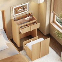 Coiffeuse moderne en bois de chêne de taille personnalisée, gain de place, avec miroir LED rabattable, tabouret caché et éclairage intégré