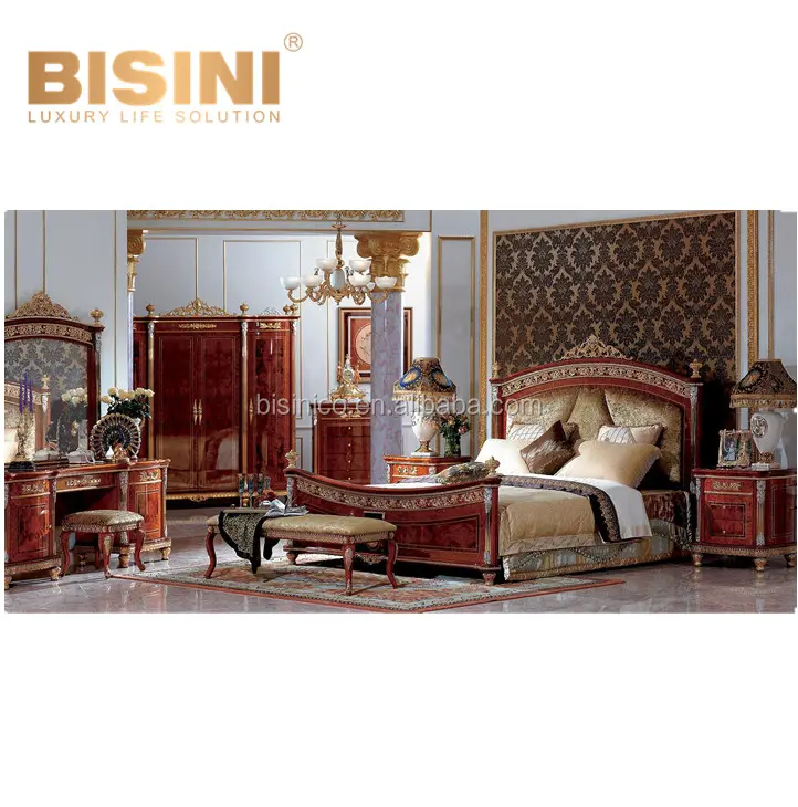 Luxus Schloss möbel geschnitztes Holz Kingsize-Bett W Nachttisch, Italien Vintage Design 24K vergoldete Schlafzimmer möbel Set