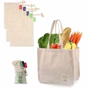 Sturdy Reusable Canvas Shopping Tote Bag for Groceries and Cotton Reusable Mesh Produce Bags with Drawstring for Fruits and Vegg