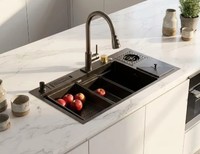 Évier de cuisine intelligent en acier inoxydable 304 noir nano, grand bac unique avec lave-tasses et poubelle intégrée pour la maison, vente en gros OEM