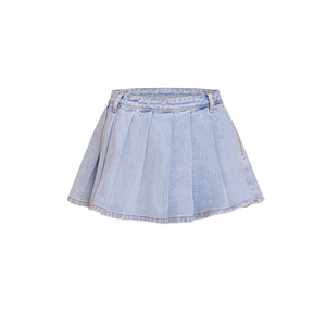 Gonna a pieghe personalizzata all'ingrosso per le <span class=keywords><strong>donne</strong></span> di alta qualità in cotone Vintage tessuto in Denim lavato leggero da donna <span class=keywords><strong>minigonna</strong></span> - Product Image 5