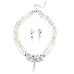 Gatsby kalung mutiara wanita dan anak perempuan, Set perhiasan mutiara pengantin perempuan 1920s kristal multilapis