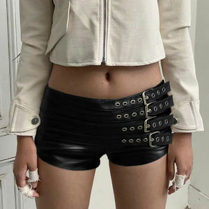 Shorts de Cuero con Hebilla de Metal Estilo Punk Oscuro, Diseño Ajustado, Estilo Urbano, Casual y Moderno - Product Image 5