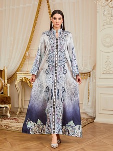 Vestido Islámico Maxi de Satén de Poliéster, Antiencogimiento, con Estampado Paisley Degradado en Azul, Plisado, para Mujeres Adultas, Estilo Modesto, Gran Venta - Product Image 2