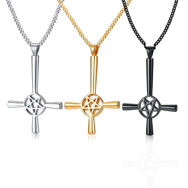 Satanic Devil Inverted Cross custom fashion jewelry pentagram mens stainless steel christian cross pendant necklace for men